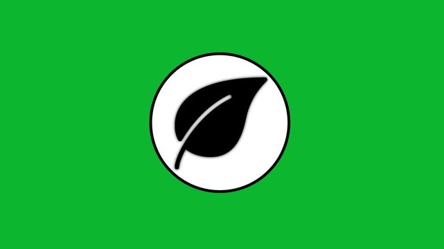 Animated black leaf icon appearing on white circle over green screen backdrop.