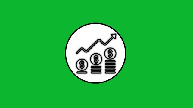 Money growth concept with animated coins and upward arrow on a clean green screen background for dynamic financial presentations and business explainer videos.