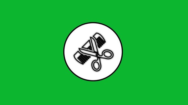 Hair salon icon animation with scissors and comb appearing on green background for barber shop branding.