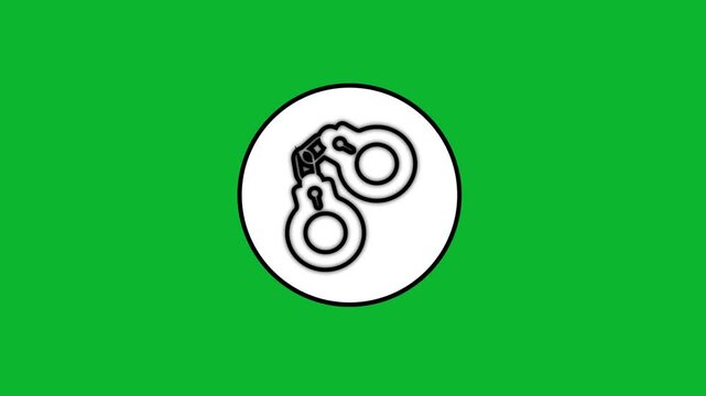 Handcuffs icon appearing inside white circle over green screen background in minimalist line art animation.