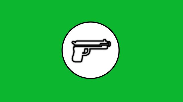 A gun animation on a green screen, a moving video clip of a black handgun or pistol sign, simple weapon motion graphic for chroma key use.