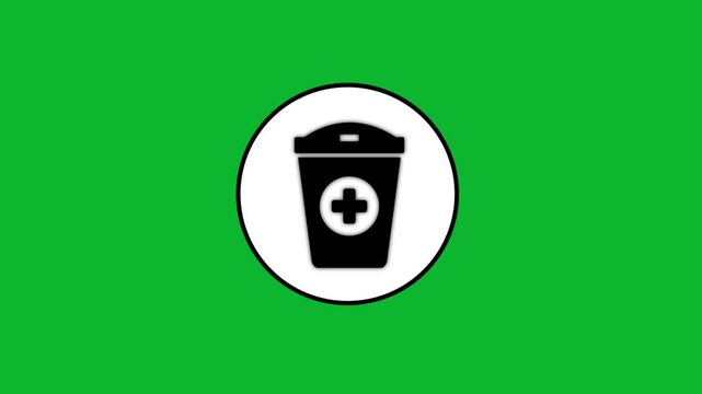 Medical waste bin icon animation appearing on white circle over chroma key green background.