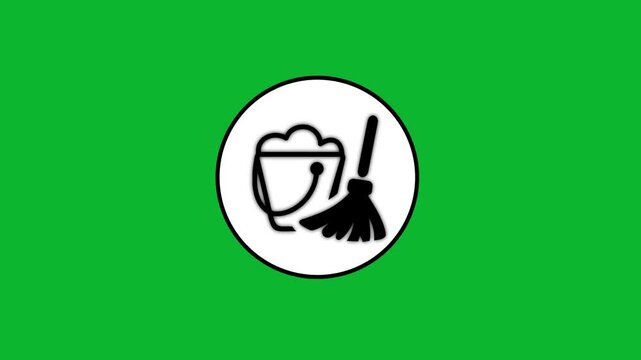 Cleaning supplies icon animation on green screen background, bucket and broom.