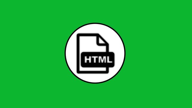 Html file icon animation emerging inside white circle on green background.
