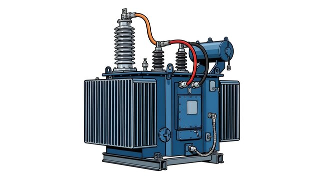 Detailed vector illustration of a high voltage blue electrical power transformer isolated on a white background.