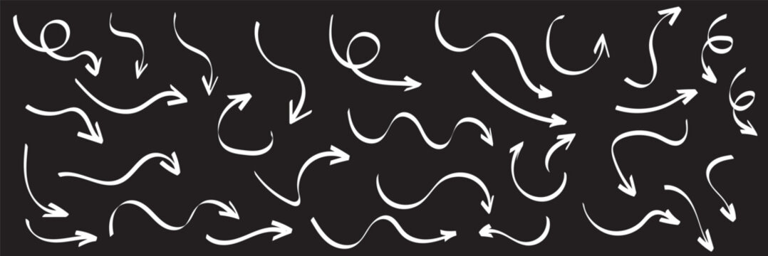 Hand Drawn Doodle Arrow Icons Collection with Curved, Circular, Loop and Directional Sketch Arrows, directional arow
