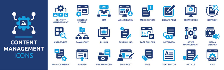Fototapeta na wymiar Content Management Icon Set. CMS, Content Editor, Admin Panel, Media Library, Asset Management, Page Builder and Content Publishing Solid Vector Icons Collection