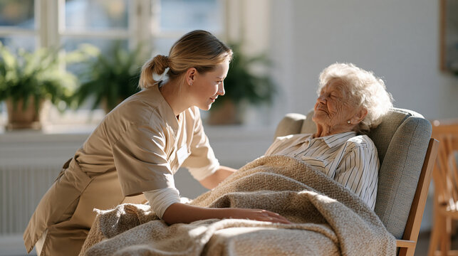 Belarusian nursing aide adjusts a wool blanket over an elderly resident dozing in a sunlit common room armchair, potted ferns lining the windowsill, afternoon light softening the