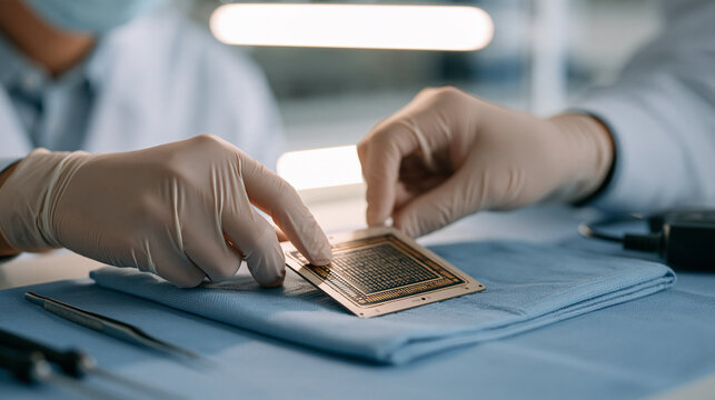 Miniature pressure sensor plate removed from a medical ventilator unit, resting on a sterile blue surgical cloth beside calibration instruments, with a gloved biomedical engineer