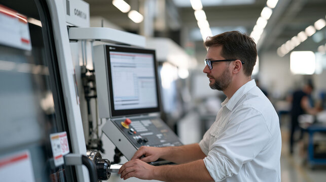 Precision CNC milling machine guided by non-contact laser displacement sensors monitoring tool-to-workpiece gap in real time, machinist reviewing tolerance readings on a mounted
