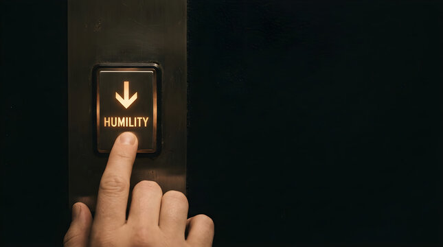 A hand pressing a button with a downward arrow and the word humility on it