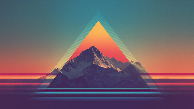 Retro synthwave mountain landscape with geometric triangle frame and neon gradient sky background. Futuristic 80s vaporwave style abstract peak, sunset line horizon, nature wallpaper.