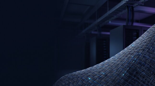Dynamic digital data flow visualization within a secure, high-tech server room environment, representing modern cloud computing and network infrastructure efficiency