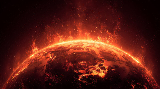 Planet Earth burning in space with fierce fire flames and sparks, global warming catastrophe. Burning world apocalypse concept, climate change disaster, sci-fi dramatic background.