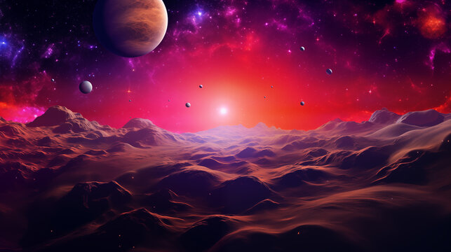 Alien planet surface with rocky dunes under a vibrant pink space nebula sky with moons and a bright star sunrise. Fantasy cosmic landscape background, sci-fi exoplanet nature wallpaper.
