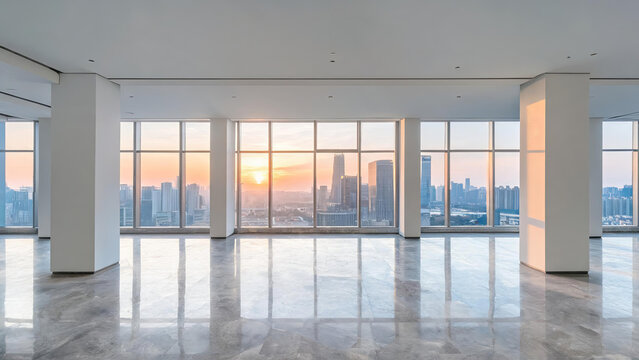 An unfurnished modern interior space with large glass windows, overlooking a city skyline during sunset, with polished marble flooring and white structural columns.