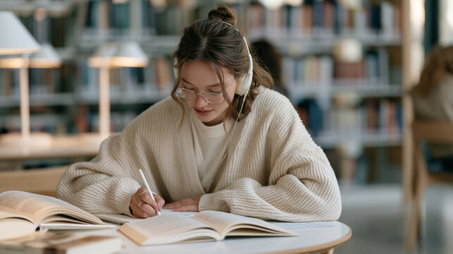Autistic teen girl in a quiet corner of a library using a personal FM listening system with looped audio processing support, auditory processing device, autism learning