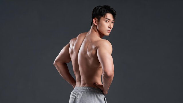Young muscular shirtless man poses with hands on hips, turning head to look at camera, showing athletic physique in studio setting.
