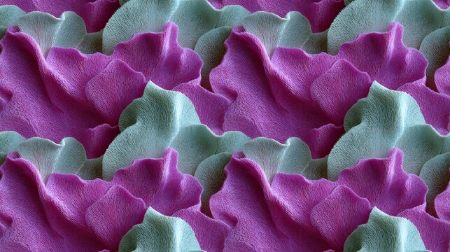 Seamless pattern organic coral texture background with purple and mint green wavy folds. Abstract repeatable marine ocean reef life pattern, 3D render tileable nature wallpaper for textile.