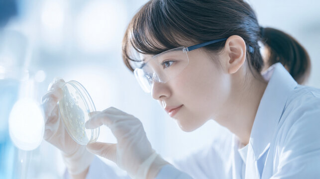 シャーレを観察し耐性菌を分析する女性研究者