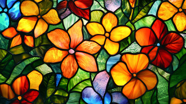 Stained glass panel showing colorful floral pattern