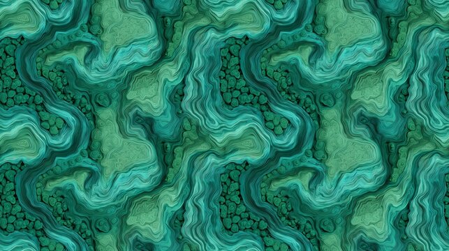 Seamless pattern green malachite marble texture background with wavy mineral veins. Abstract repeatable emerald jade stone crystal wall pattern, 3D render tileable liquid agate geode backdrop.