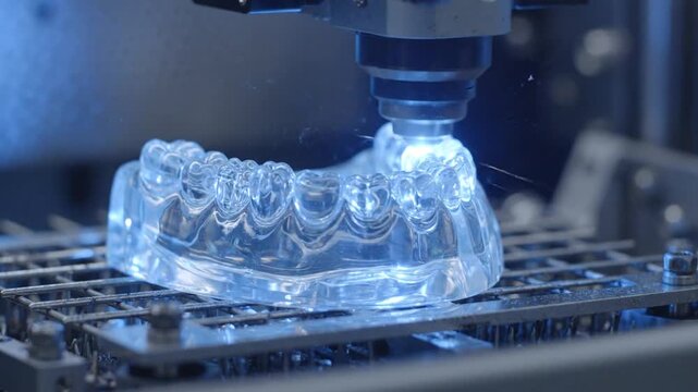 3D printing machine manufacturing clear dental aligners.