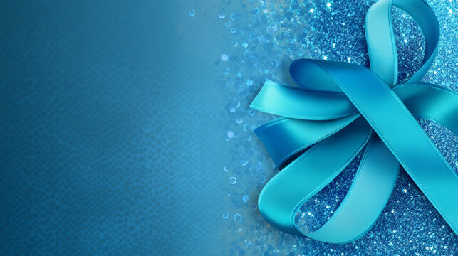 Teal ribbon creating bow on sparkling glitter background