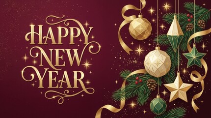 Naklejka premium Elegant Happy New Year greeting with festive ornaments and pine branches