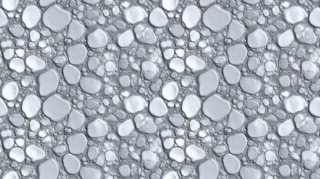 Seamless pattern gray pebble stone texture background with luxury mineral mosaic rocks. Abstract repeatable silver gravel stone path pattern, 3D render tileable concrete cobble floor backdrop.