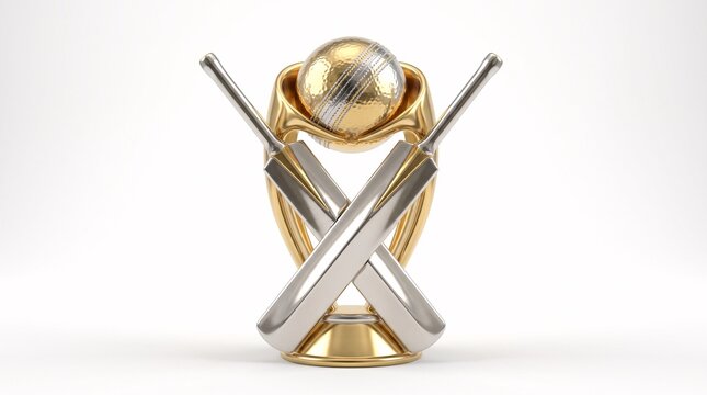 Golden cricket championship trophy with crossed bats and ball isolated on white background