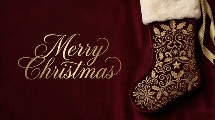 Naklejka premium Elegant Merry Christmas greeting with festive stocking and gold accents