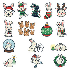 Naklejka premium Cute Christmas Rabbit Character Set for Festive Holiday Designs