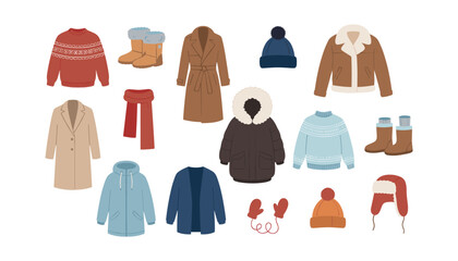 Winter outerwear collection vector illustration featuring stylish trench coats jackets knitted sweaters and warm hats on white © Siraj