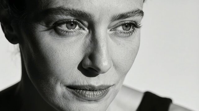 On cue model shifting gaze, blinking and smiling for portrait under studio light, wearing black top