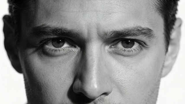 Camera starting recording, adult male holding gaze while narrowing brows for studio portrait shoot