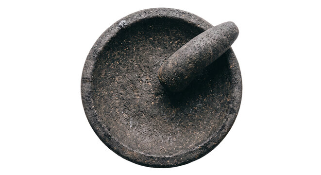 Top view flatlay of an empty traditional Indonesian black stone mortar and pestle cobek ulekan kitchenware tool isolated on clean white background
