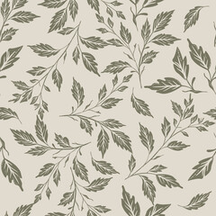 Fototapeta premium Botanical green pattern featuring scattered hand-drawn stems, lush foliage muted background.