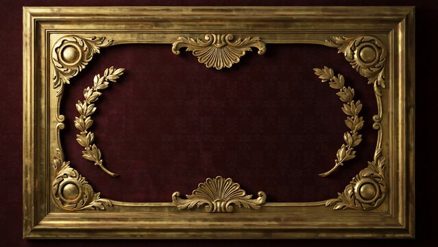 Ornate gold picture frame featuring intricate carvings and elegant laurel leaf motifs displayed in a classic vintage interior design style