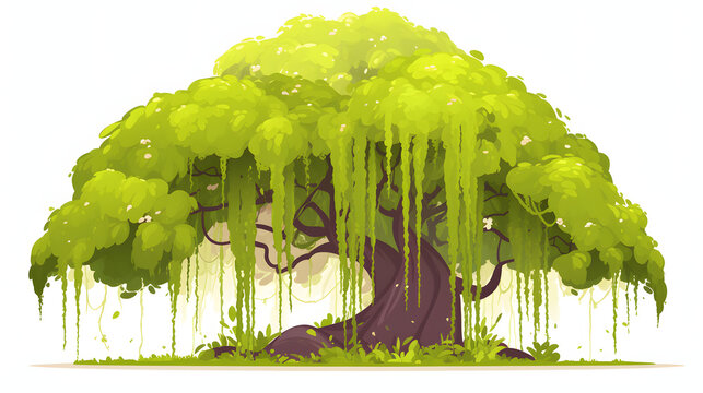 Majestic banyan tree illustration featuring lush green leaves and hanging aerial roots