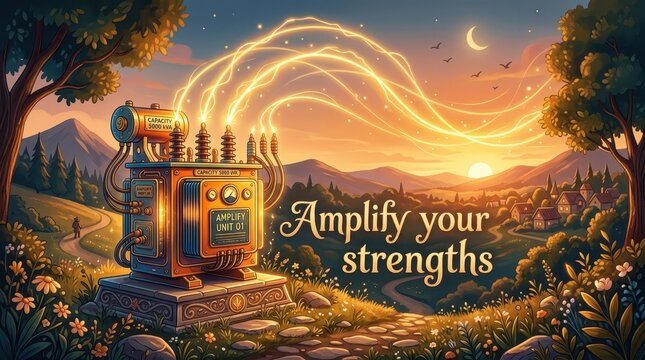 Vintage electrical transformer amplifying energy towards a scenic sunset landscape with stylized golden arcs and inspirational text.