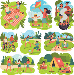 Fototapeta premium People in a family park. Vector summer illustrations of a picnic in nature, biking, a child on a scooter, a family flying a kite, a barbecue with friends, playing badminton and ball, a walk, camping 