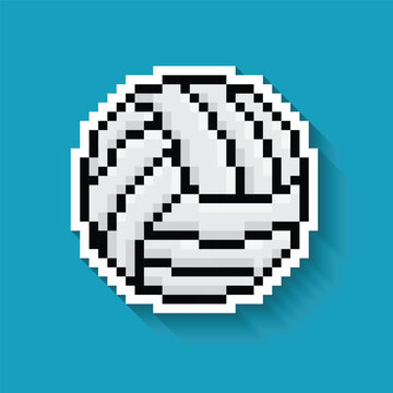 Volleyball pixel art icon with long shadow sticker 8 bit vector for computer game logo