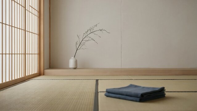 Minimalist ceramic vase holding delicate dried branch features elegant soft lighting inside traditional Japanese room with neutral straw tatami mat floors