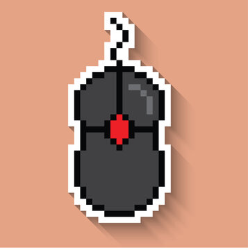 Computer mouse pixel art icon with long shadow sticker 8 bit vector for computer game logo