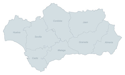 Fototapeta premium Map of Andalusia, Spain, showing the provinces of Huelva, Sevilla, Cadiz, Cordoba, Malaga, Jaen, Granada, and Almeria
