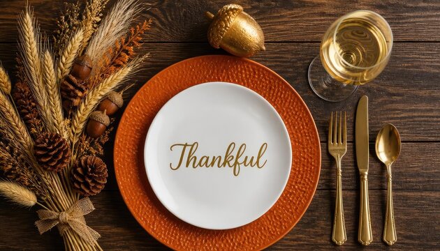 Thanksgiving table setting with thankful plate