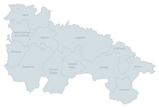 Administrative map of the La Rioja region in Spain showing municipalities like Logrono, Haro, and Calahorra