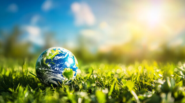 Earth globe resting on green grass under sun