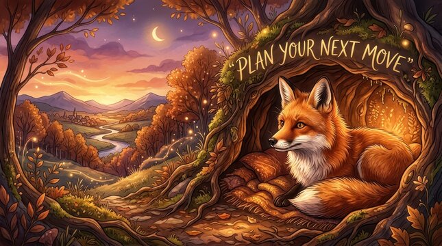 Whimsical fox in a cozy den amidst an autumn forest landscape with a sunset sky and the phrase "Plan Your Next Move".